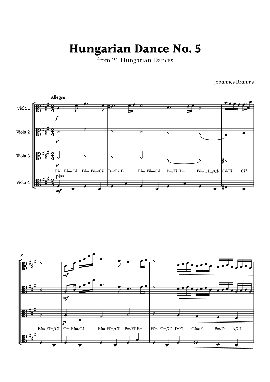 Hungarian Dance No. 5 by Brahms for Viola Quartet (arr. Rika K.)