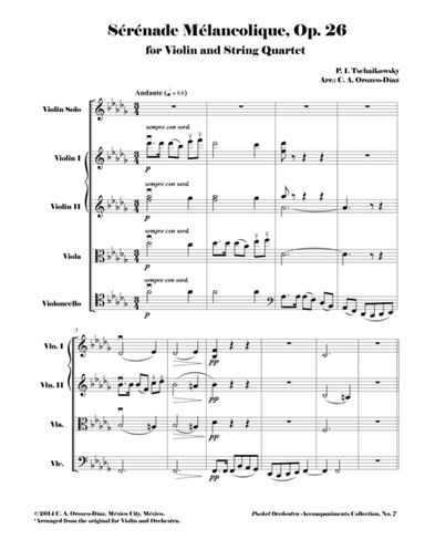 Tchaikowsky - Sérénade Mélancolique, Op. 26 for Violin and String Quartet (Reduction of the Origi (arr. C. A. Orozco-Diaz)