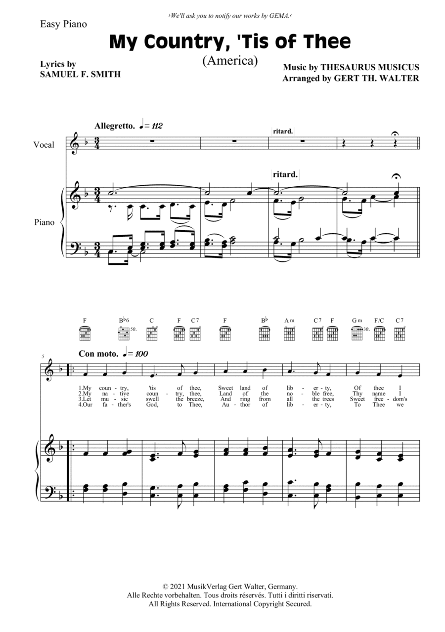My Country, 'Tis Of Thee (America) (arr. Gert Th. Walter)