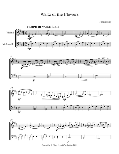 WALTZ OF THE FLOWERS from The Nutcracker, String Duo, Early Intermediate Level for violin and cello (arr. Sherry Lewis)
