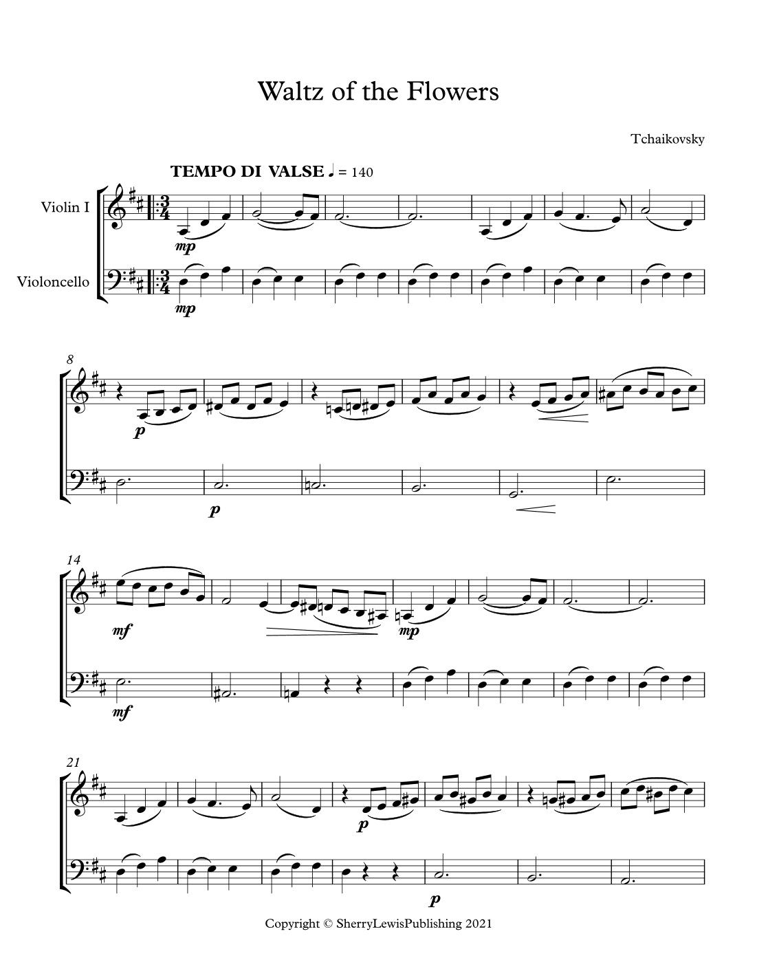 WALTZ OF THE FLOWERS from The Nutcracker, String Duo, Early Intermediate Level for violin and cello (arr. Sherry Lewis)