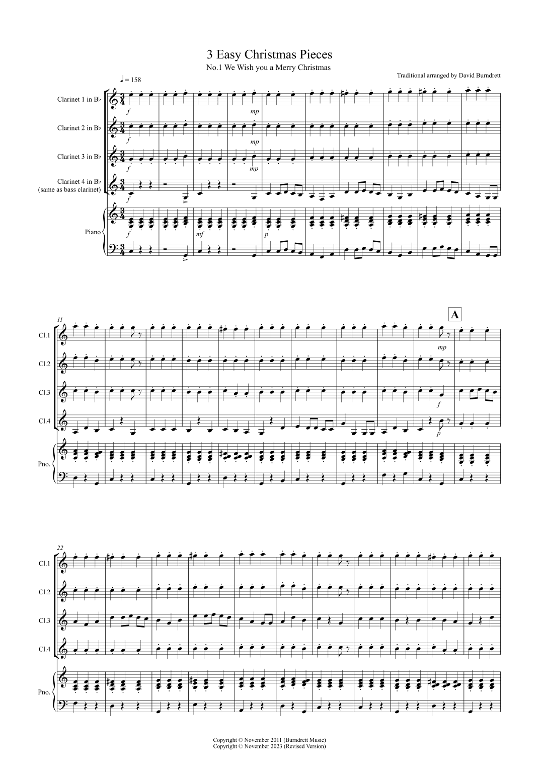 3 Easy Christmas Pieces for Clarinet Quartet (arr. David Burndrett)