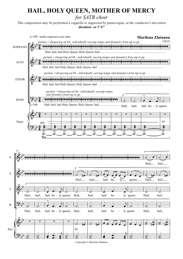HAIL, HOLY QUEEN, for SATB choir with optional organ