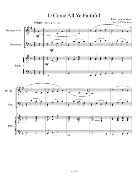 O Come All Ye Faithful (trumpet and trombone duet) with optional piano accompaniment (arr. B C Dockery)