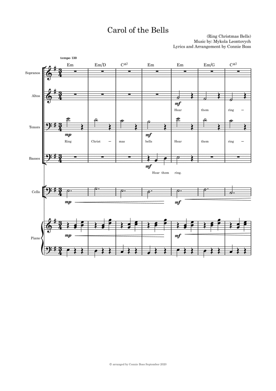 Carol of the Bells (Hear Them Ring) - SATB cello and piano with parts (arr. Connie Boss)