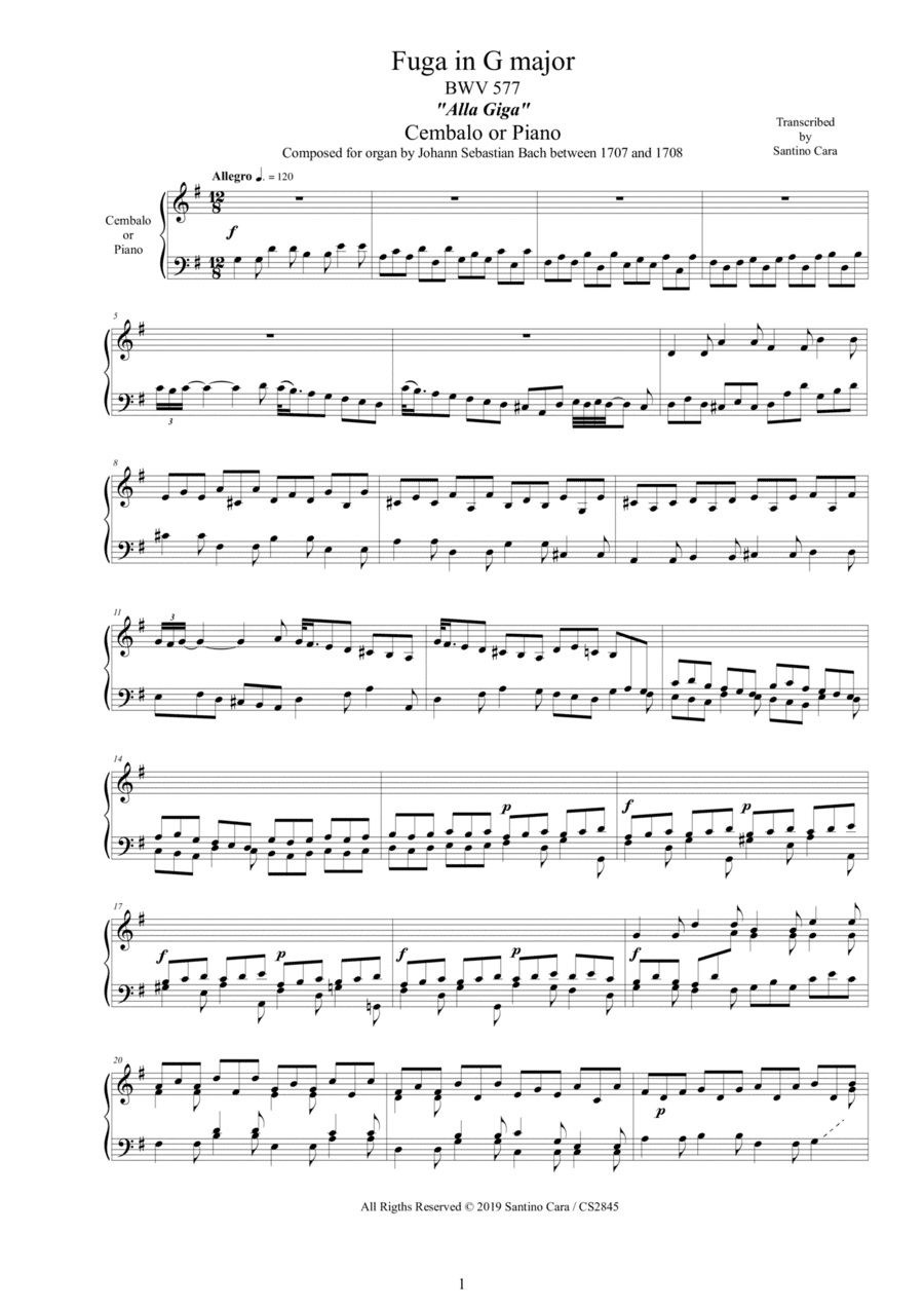 Bach - Fugue in G major 'alla Giga' BWV 577 ' for Harpsichord or Piano (arr. Santino Cara)