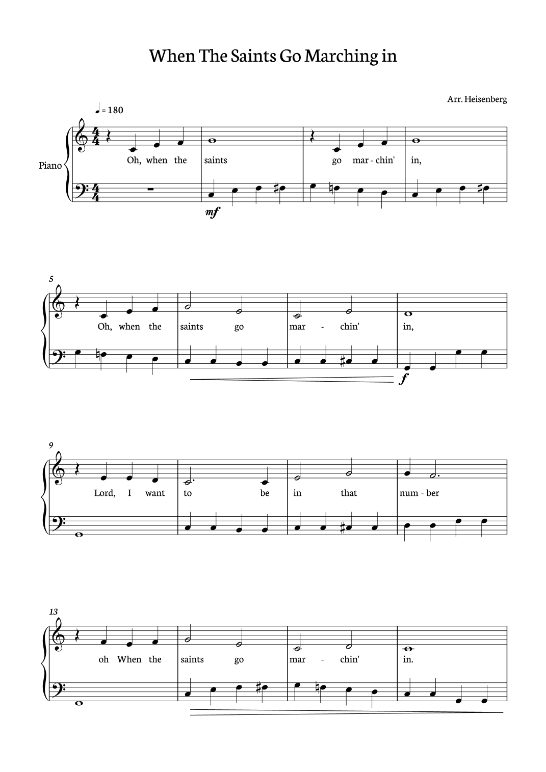 When The Saints Go Marching In for Piano Solo with Lyrics (arr. Heisenberg)
