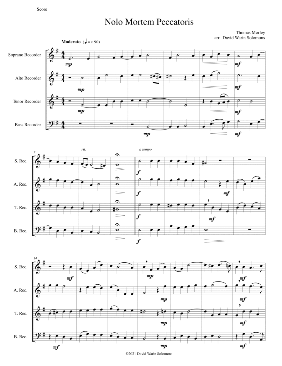 Nolo mortem peccatoris (I do not wish a sinner to die) for recorder quartet (arr. David Warin Solomons)