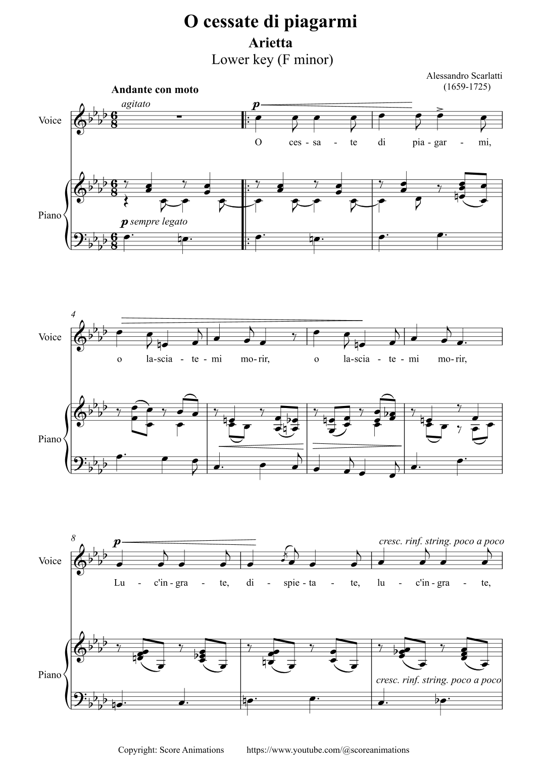 “O cessate di piagarmi“ Lower key F minor (arr. Score Animations)