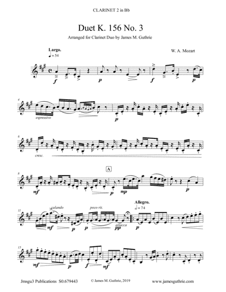 Mozart: Duet K. 156 No. 3 for Clarinet Duo (arr. James M. Guthrie, ASCAP)