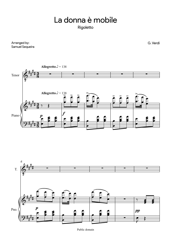 La donna è mobile - for Tenor - in E (arr. Samuel Sequeira)
