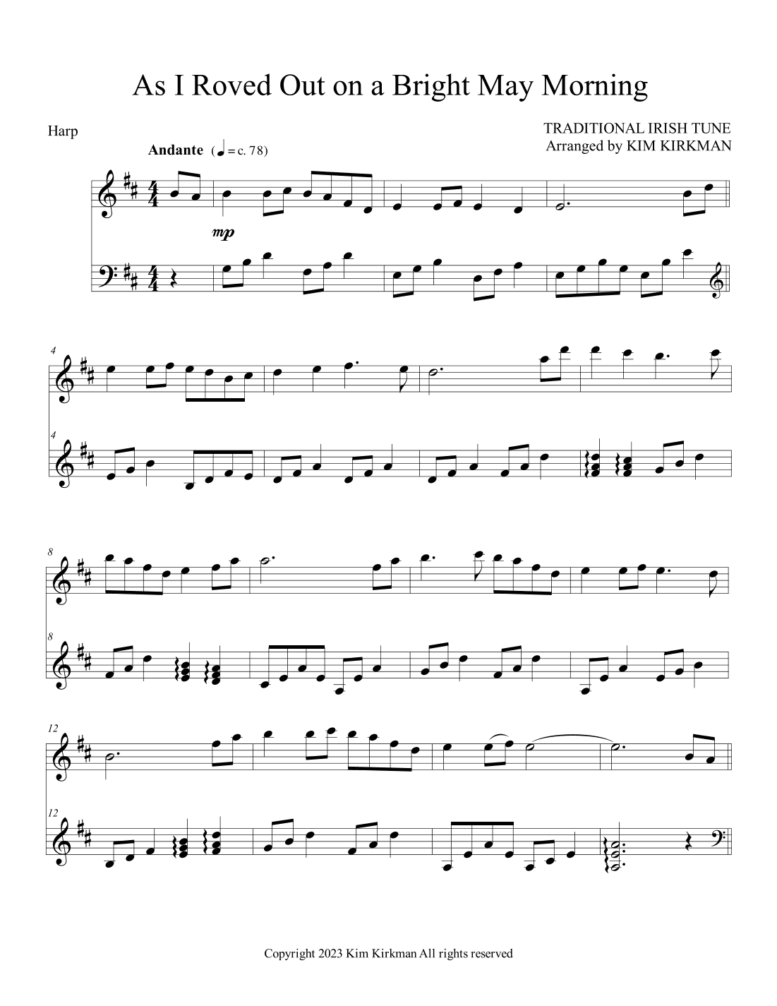 As I Roved Out On A Bright May Morning for lever harp (arr. Kim Kirkman)