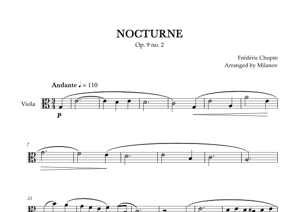 Chopin Nocturne op. 9 no. 2 | Viola | C Major | Easy beginner (arr. Milanov)