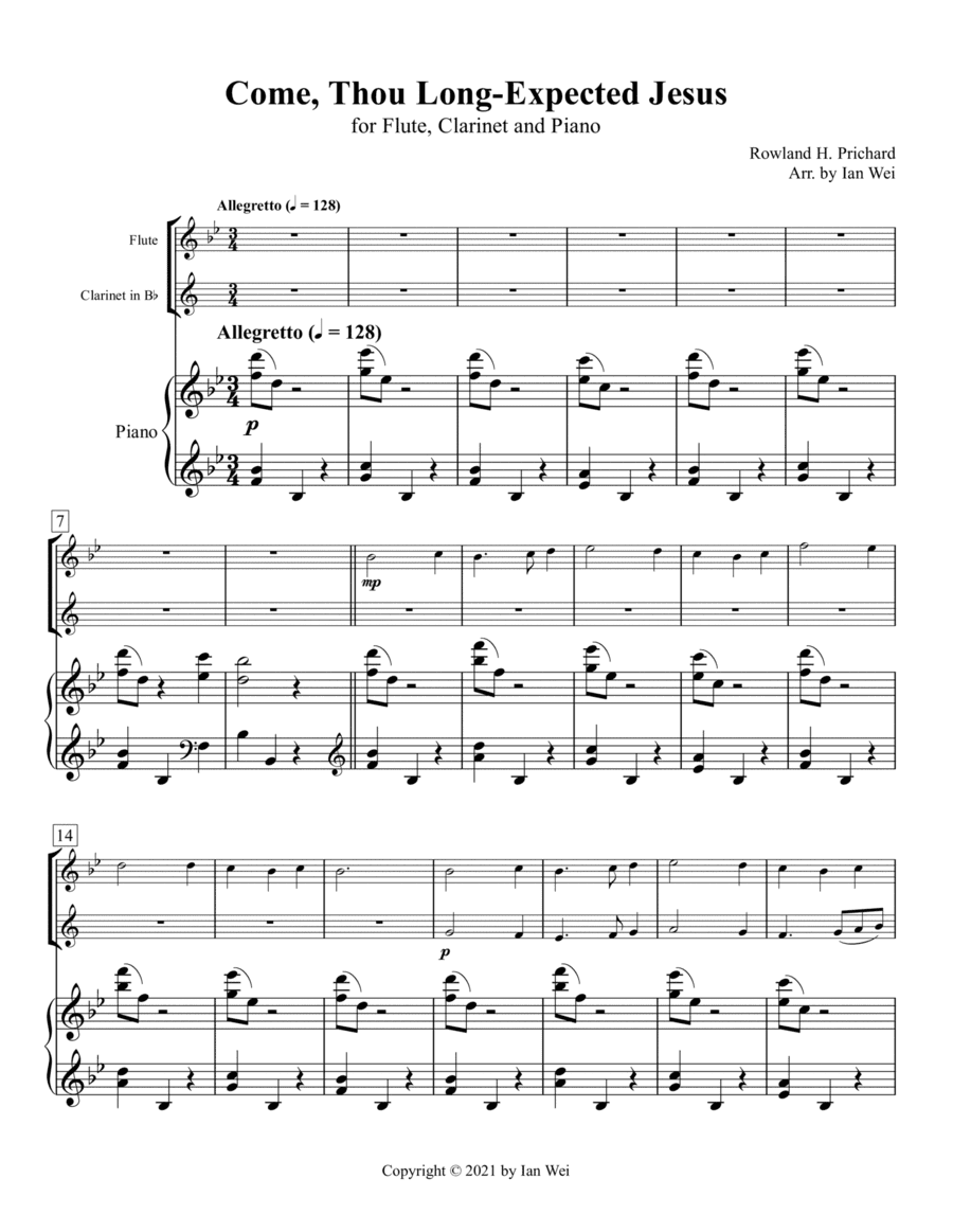 Come, Thou Long-Expected Jesus for Flute, Clarinet and Piano (arr. Ian Wei)