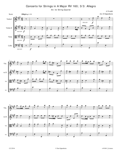 Vivaldi: Concerto for Strings in A Major RV 160; Movement 3: Allegro Arr. for String Quartet (arr. D Oppenheim)