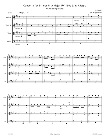 Vivaldi: Concerto for Strings in A Major RV 160; Movement 3: Allegro Arr. for String Quartet (arr. D Oppenheim)
