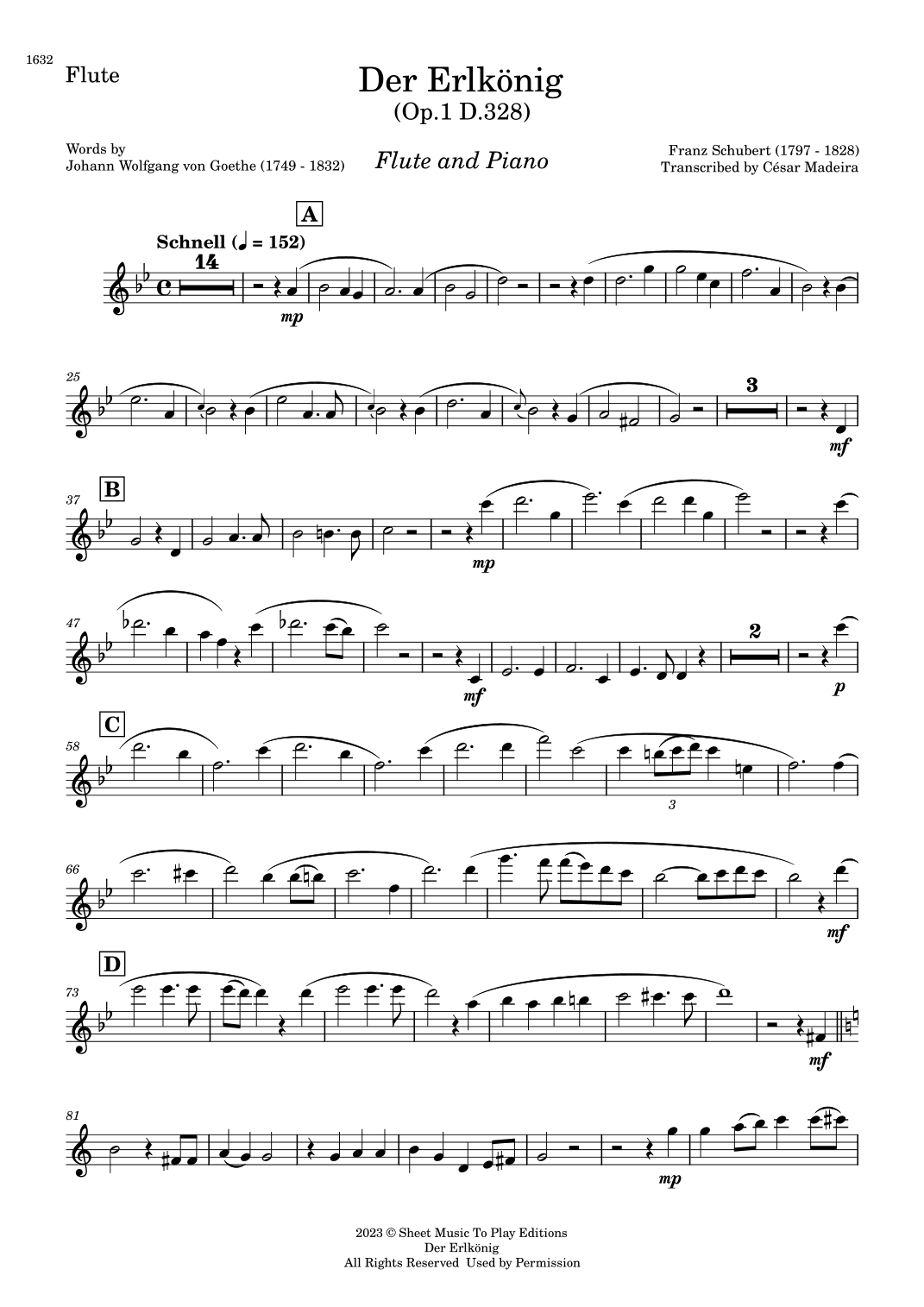 Der Erlkönig by Schubert - Flute and Piano (Individual Parts) (arr. César Madeira)