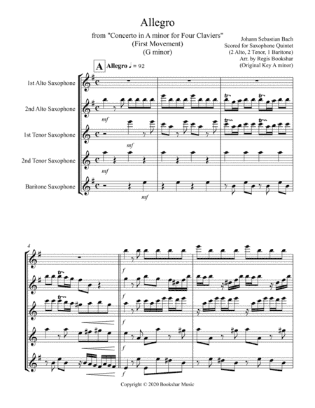 Allegro (from "Concerto for Four Claviers") (G min) (Saxophone Quintet - 2 Alto, 2 Tenor, 1 Bari) (arr. Regis Bookshar)