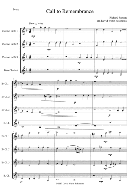 Call to remembrance for clarinet quartet (3 B flat clarinets and 1 bass or 4 B flat clarinets) (arr. David Warin Solomons)
