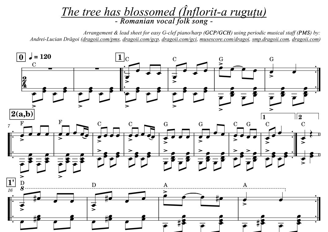 Anonymous - The tree has blossomed (Înflorit-a rugu?u) - G-clef piano (GCP) arr with PMS (arr. Andrei Lucian Dragoi)
