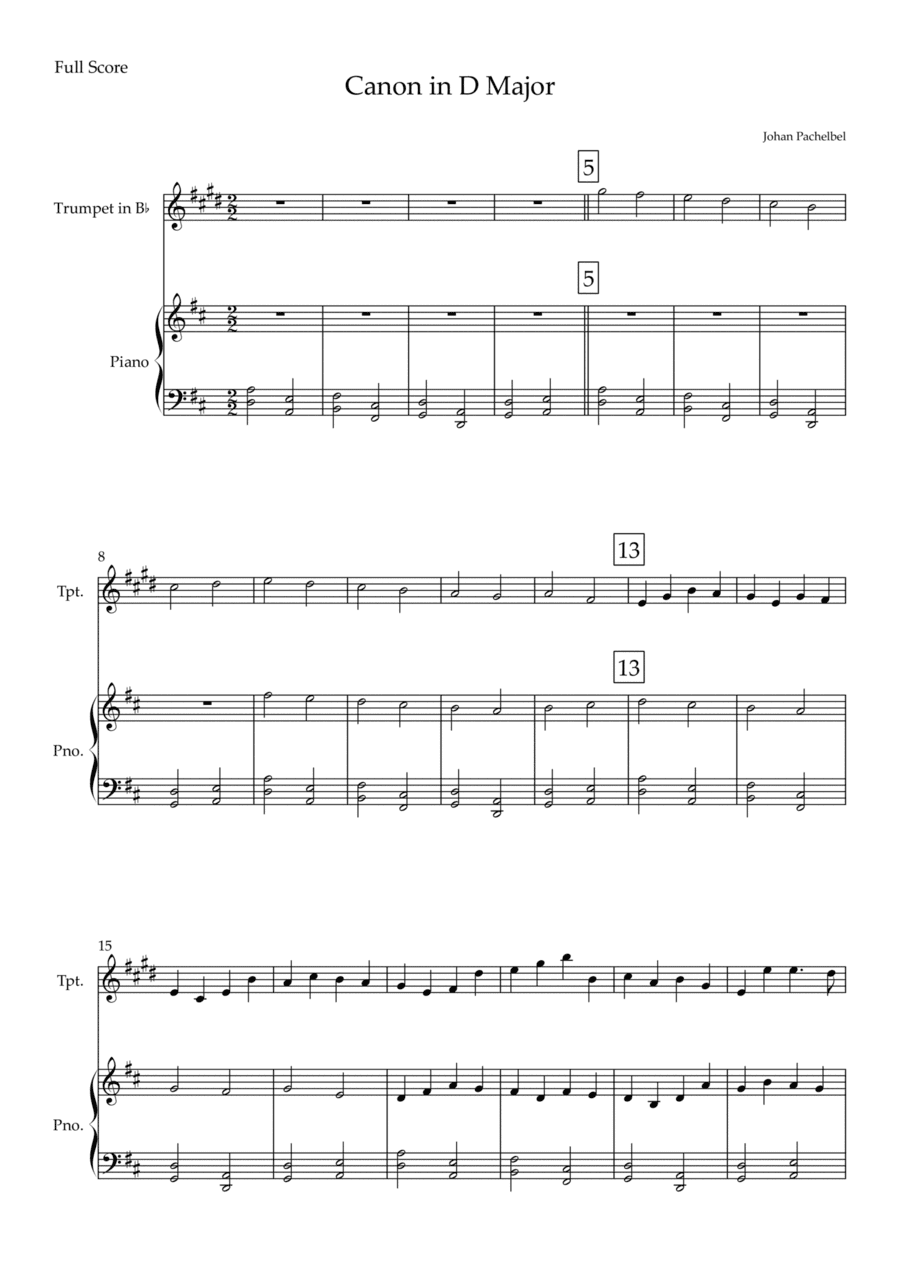 Canon in D Major (Johann Pachelbel) for Trumpet in Bb Solo and Piano Accompaniment (arr. Fabio Britto)