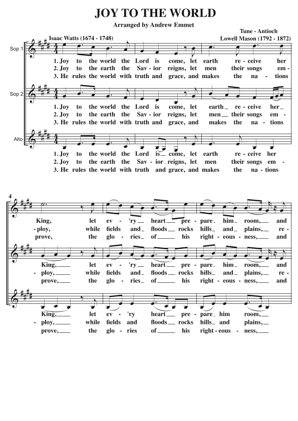 Joy To The World A Cappella SSA (arr. Andrew Emmet)