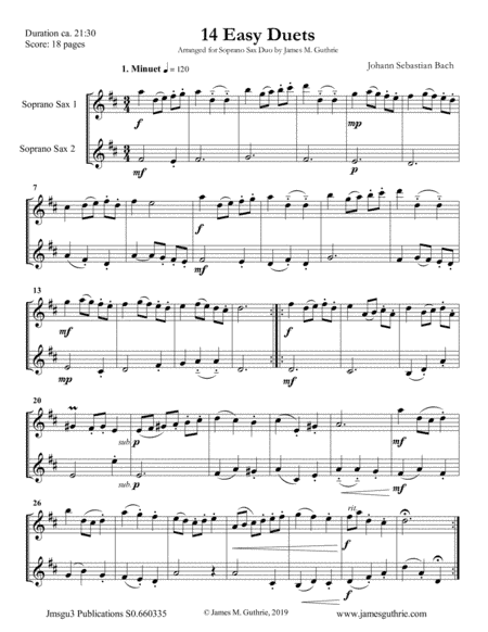 Bach: 14 Easy Duets for Soprano Sax Duo (arr. James M. Guthrie, ASCAP)