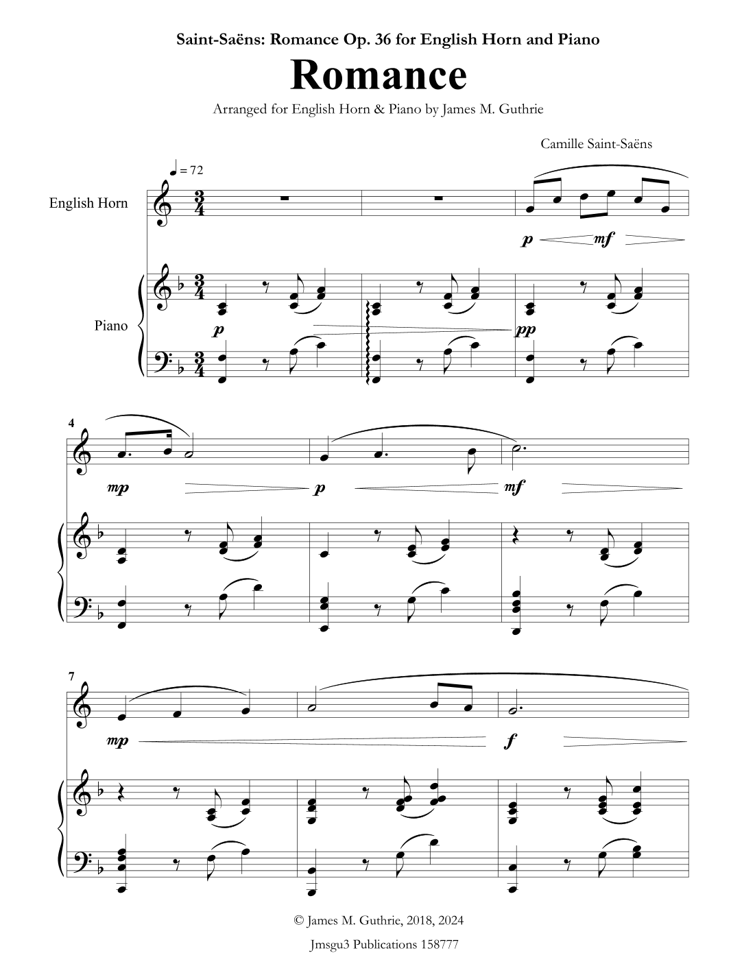 Saint-Saens: Romance for English Horn & Piano (arr. James M. Guthrie, ASCAP)