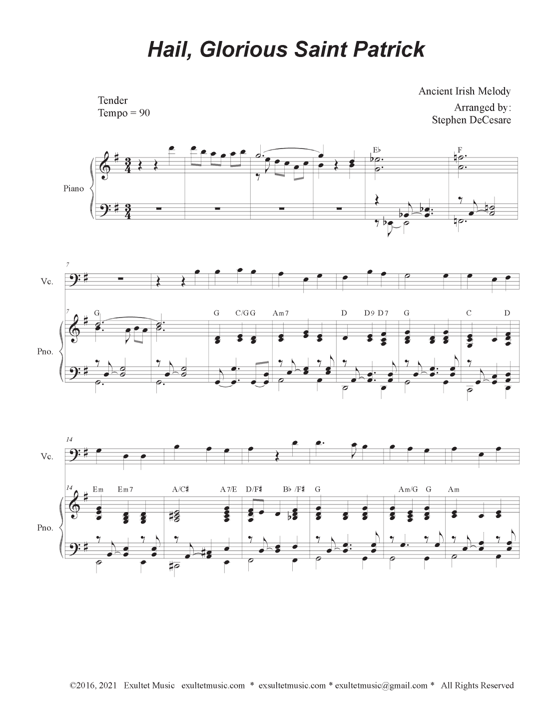 Hail, Glorious Saint Patrick (Cello solo and Piano) (arr. Stephen DeCesare)