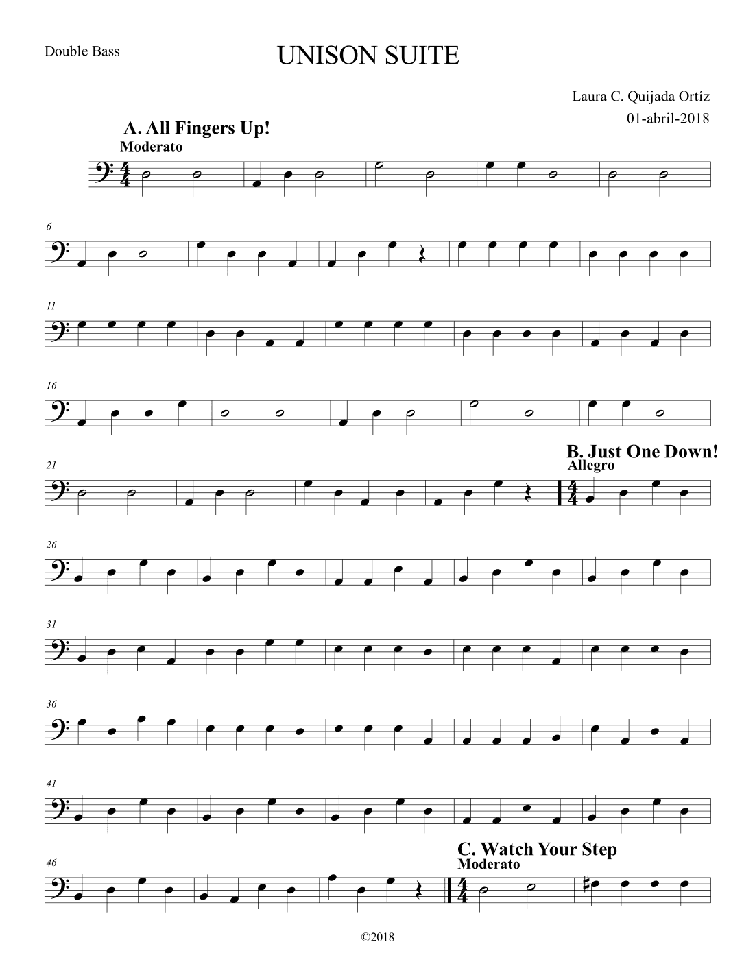 Unison Suite for beginning string orchestra. BASS PART ONLY.
