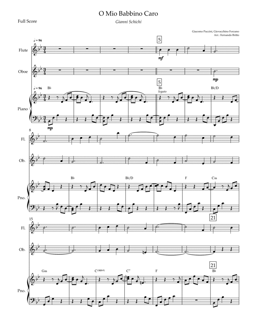 O Mio Babbino Caro (Puccini) for Flute & Oboe Duo and Piano Accompaniment with Chords (arr. Fernando Britto)