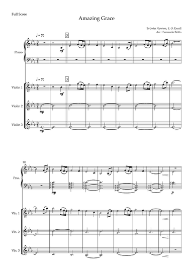 Amazing Grace (John Newton, E. O. Excell) for Violin Trio and and Piano Accompaniment with Chords (arr. Fernando Britto)