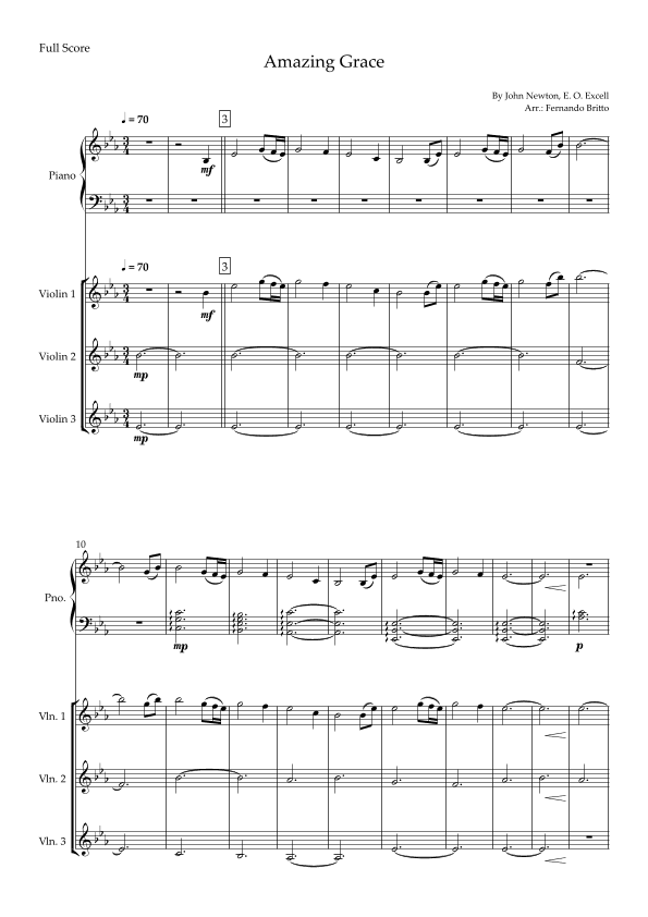 Amazing Grace (John Newton, E. O. Excell) for Violin Trio and and Piano Accompaniment with Chords (arr. Fernando Britto)