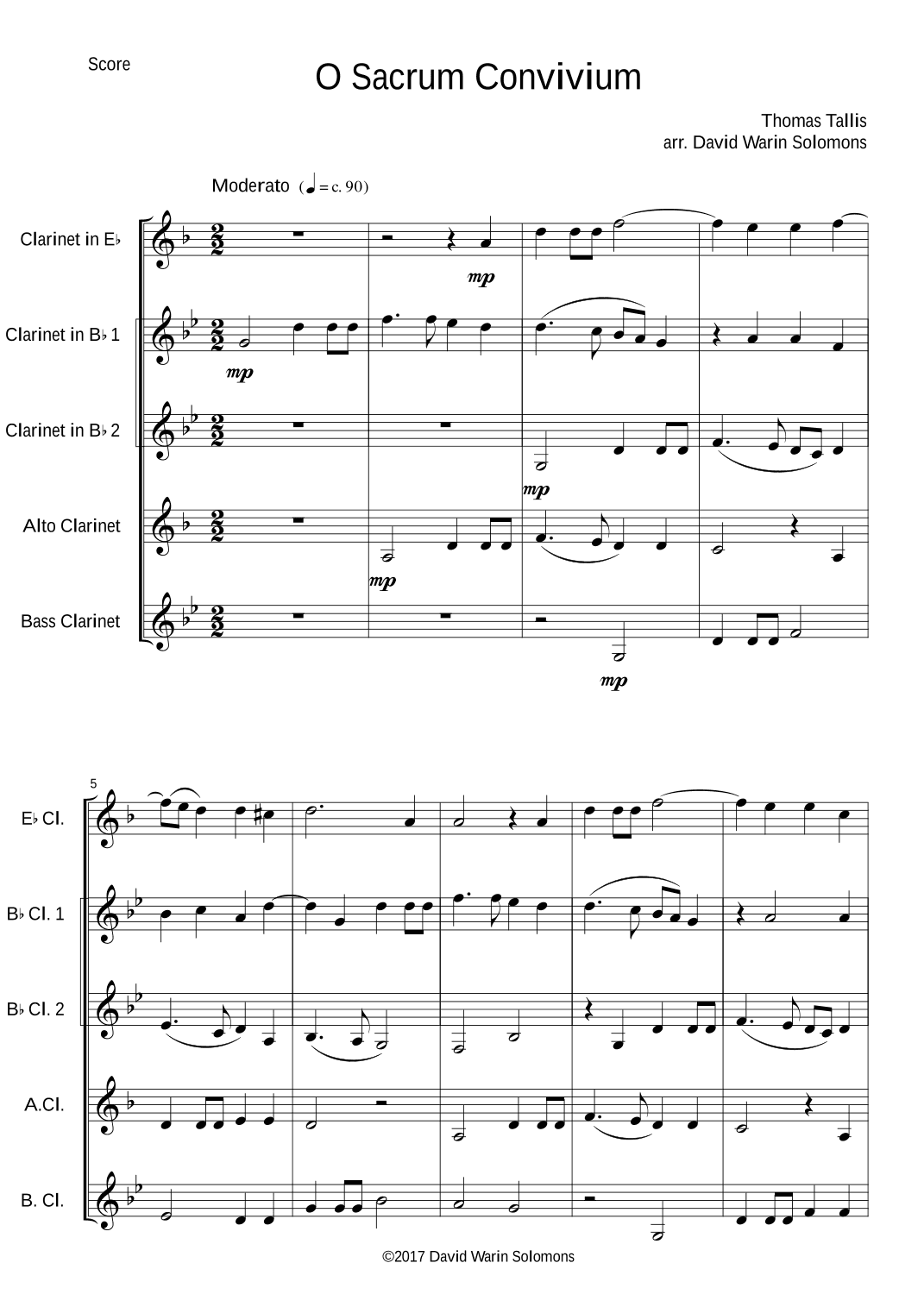 O Sacrum Convivium for clarinet quintet E flat, 2 B flats, alto and bass and optional Basset horn (arr. David Warin Solomons)