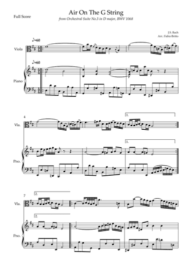 Air On The G String (J.S. Bach) for Viola Solo and Piano Accompaniment (arr. Fabio Britto)