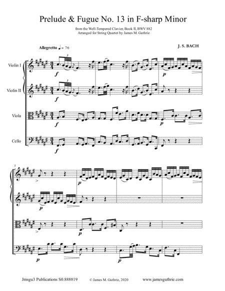 BACH: Prelude & Fugue No. 13 in F-sharp Major, BWV 882 for String Quartet (arr. James M. Guthrie)