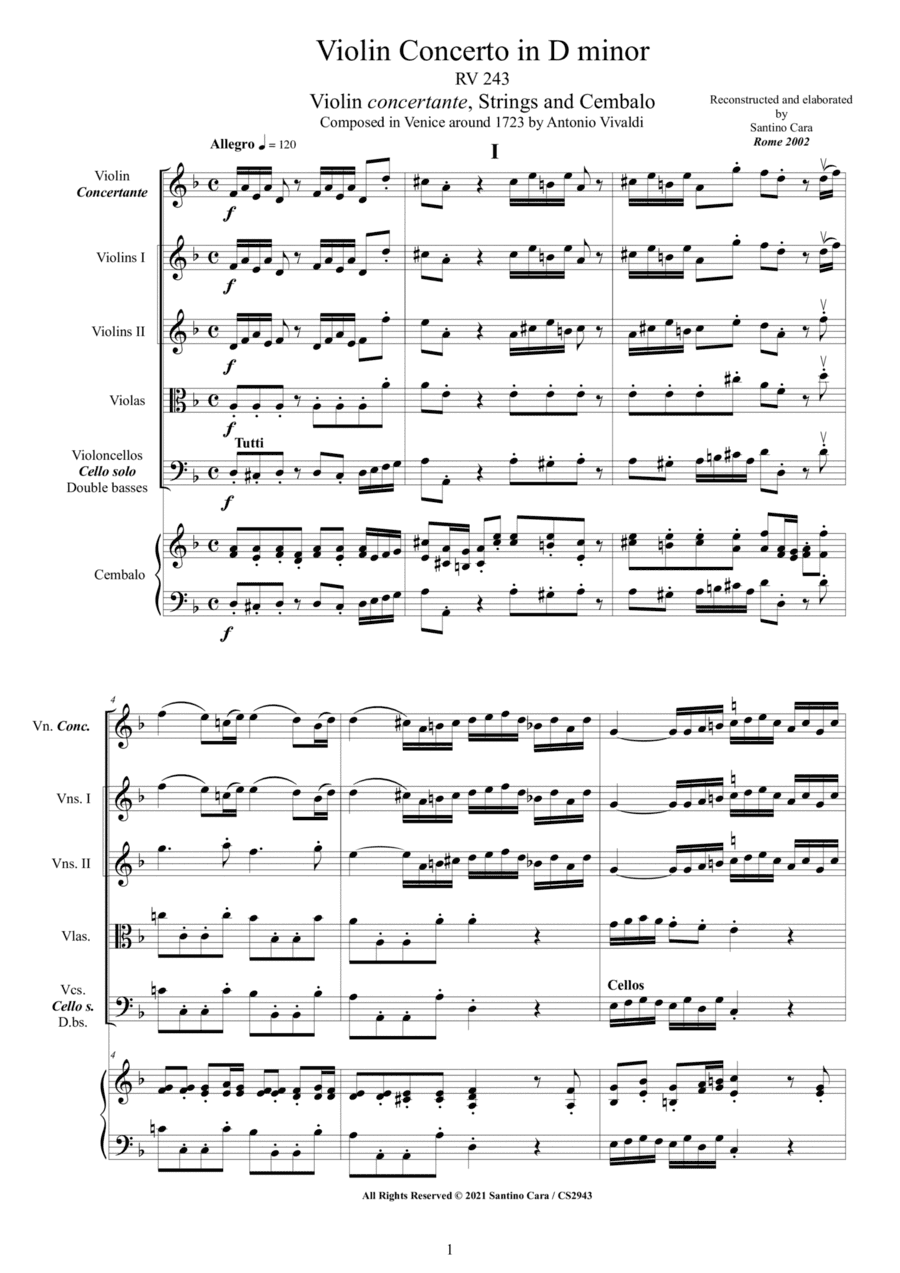 Vivaldi - Violin Concerto in D minor RV 243 for Violin, Strings and Cembalo (arr. Santino Cara)