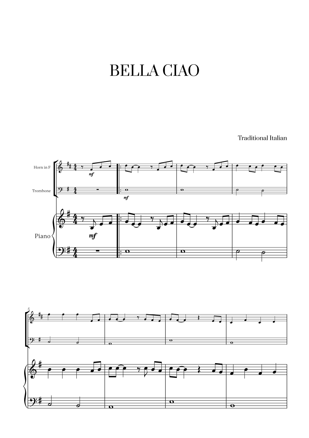 Bella Ciao for French Horn, Trombone and Piano (arr. Cadenza Editions)
