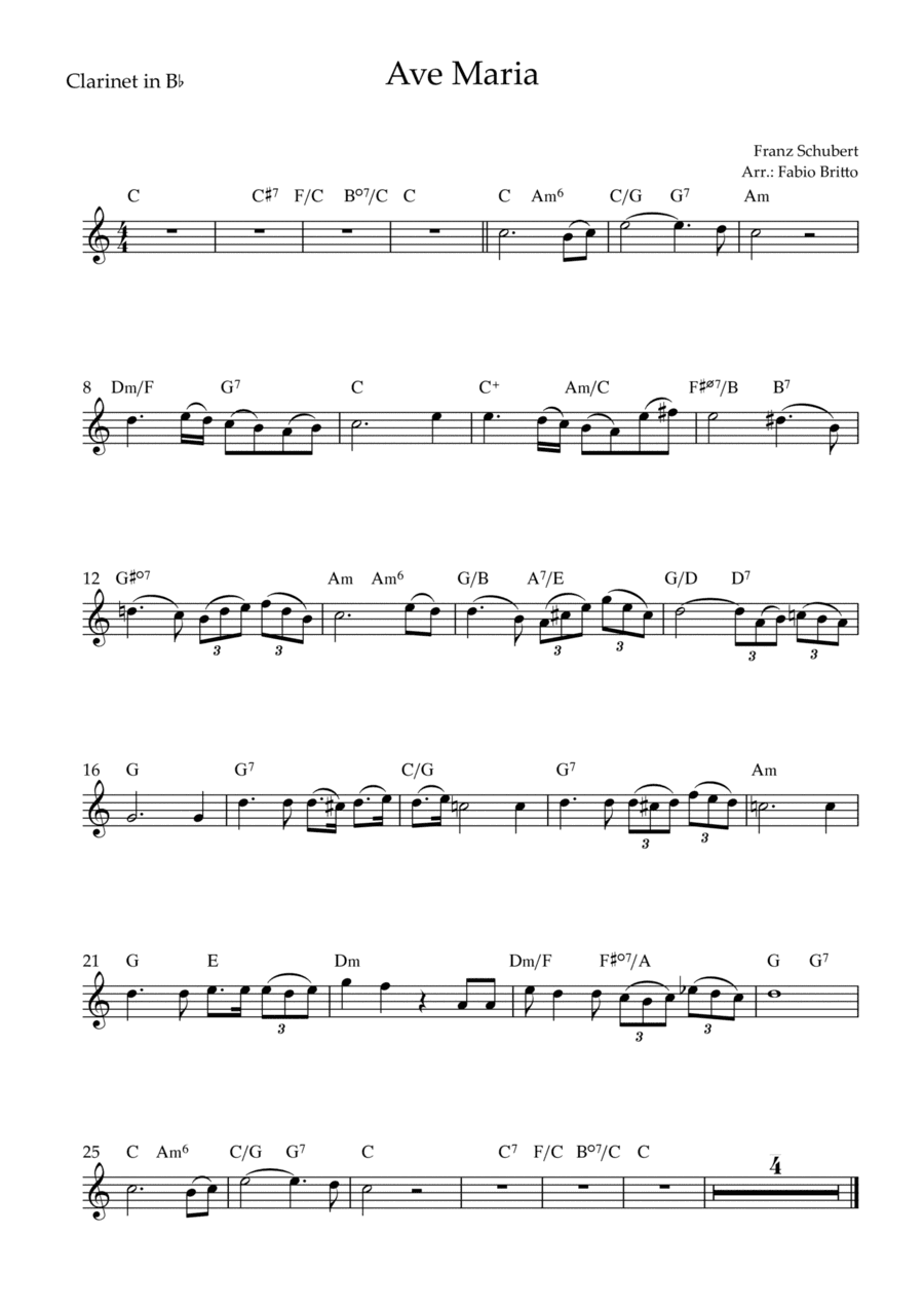 Ave Maria (Franz Schubert) for Clarinet in Bb Solo with Chords (Simplified) (arr. Fabio Britto)