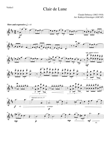 Clair de Lune (Debussy) Easy String Quartet or Quintet (arr. Kathryn Griesinger (ASCAP))
