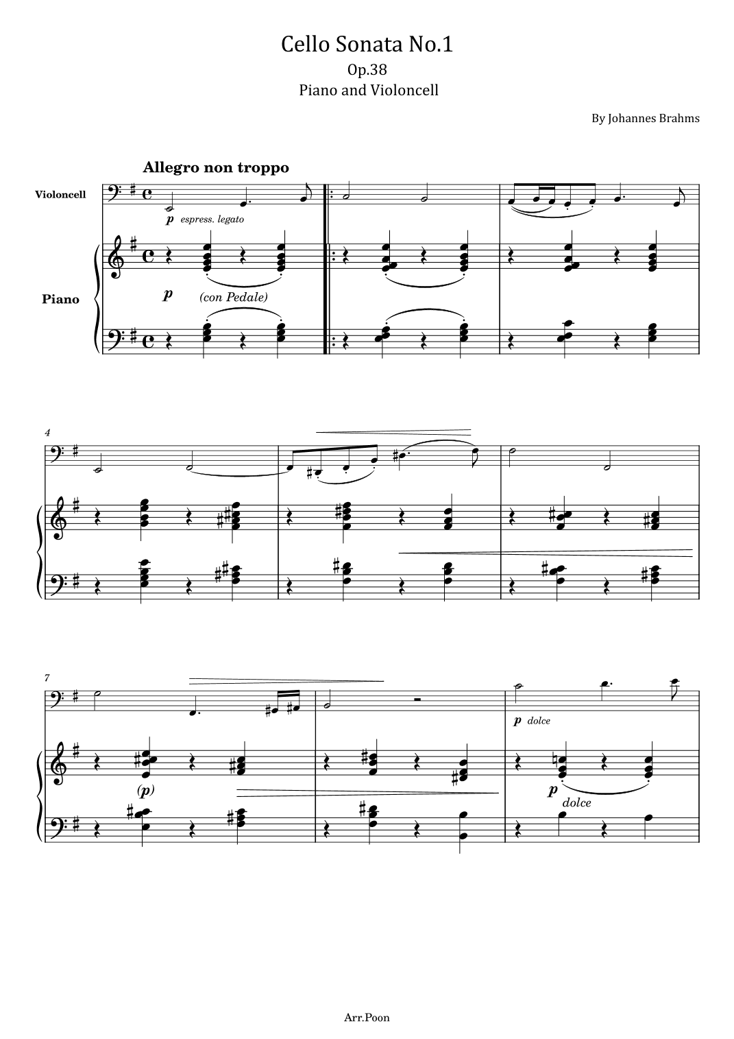 J. Brahms - Cello Sonata No.1 - Op.38 - Full Piano and Violoncell Score Original (arr. poon)