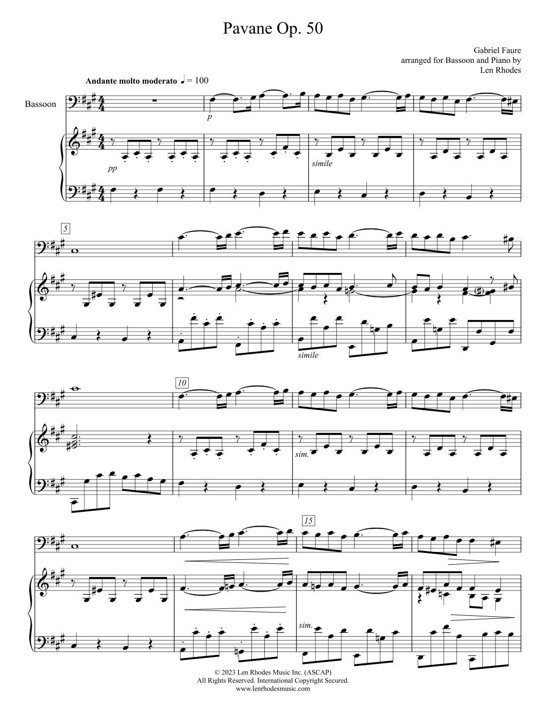 Fauré, Pavane op.50 - for Bassoon and Piano (arr. Len Rhodes)
