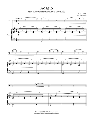 Adagio from the clarinet concerto (theme) for cello and easy piano (arr. Klas Krantz)