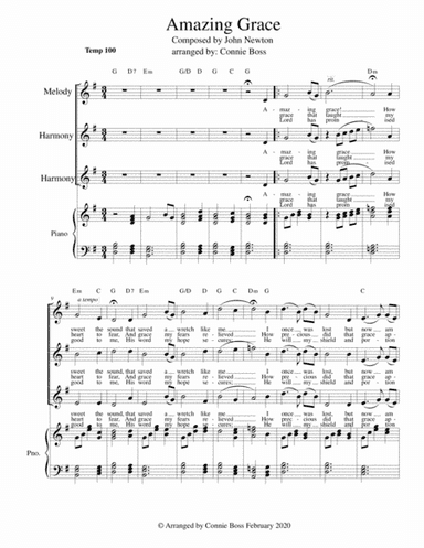 Amazing Grace - vocal trio and piano Key of G - higher range (arr. Connie Boss)