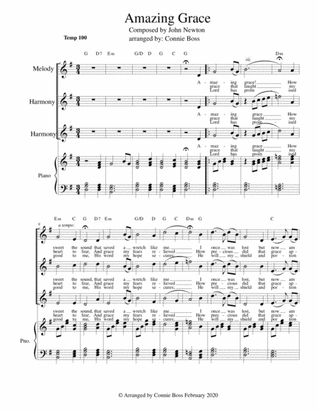 Amazing Grace - vocal trio and piano Key of G - higher range (arr. Connie Boss)