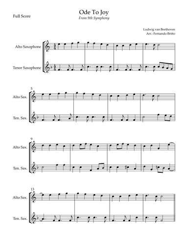 Ode To Joy Theme (from Beethoven's 9th Symphony) for Alto Saxophone & Tenor Saxophone Duo (arr. Fernando Britto)