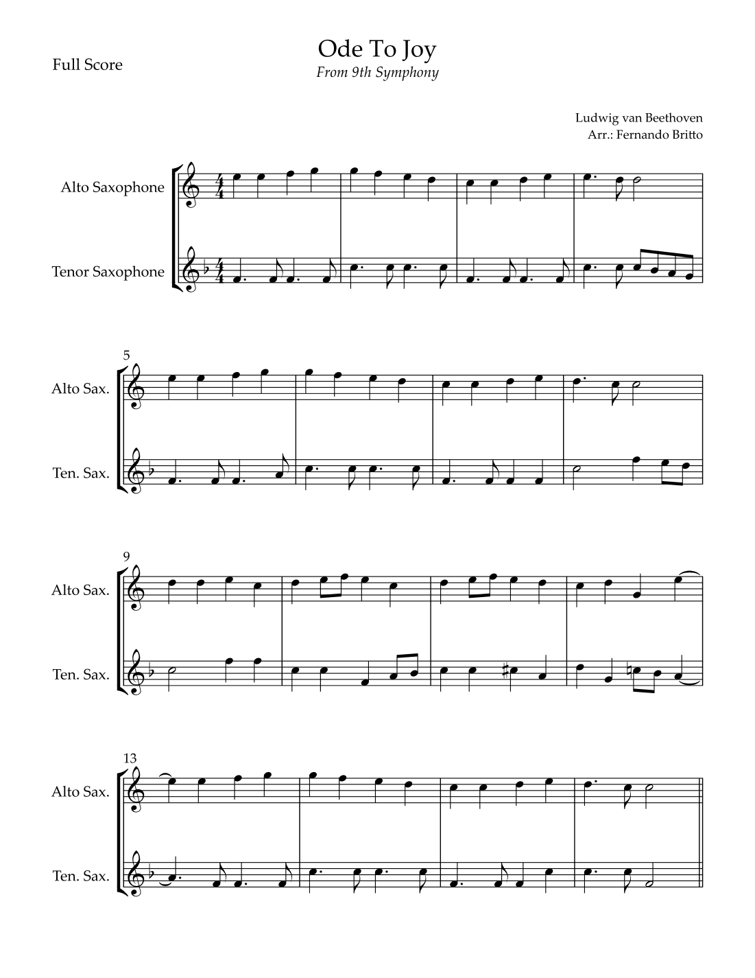 Ode To Joy Theme (from Beethoven's 9th Symphony) for Alto Saxophone & Tenor Saxophone Duo (arr. Fernando Britto)