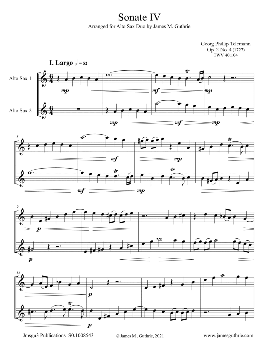 Telemann: Sonata Op. 2 No. 4 for Alto Sax Duo (arr. James M. Guthrie)