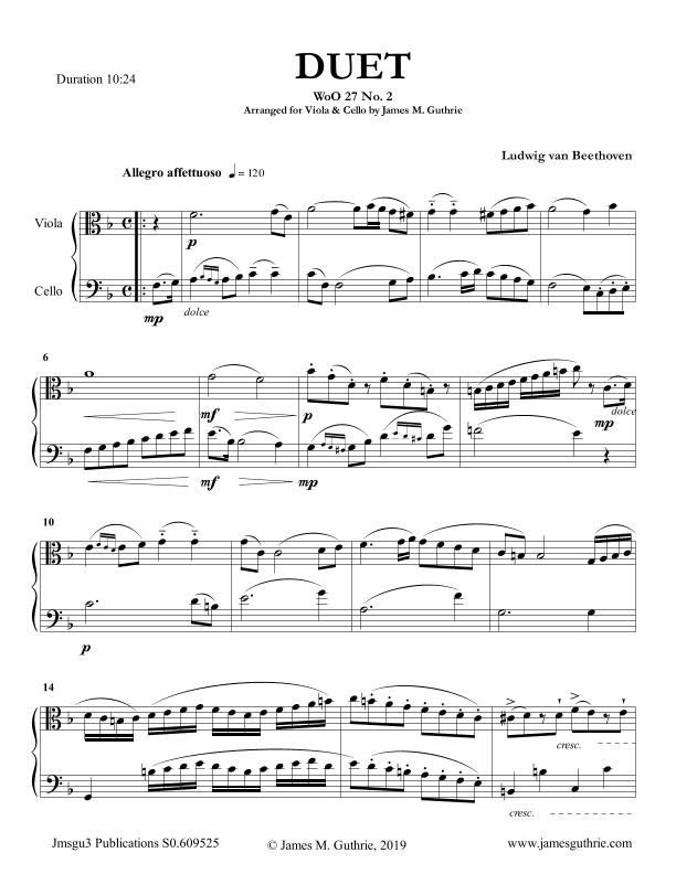 Beethoven: Duet WoO 27 No. 2 for Viola & Cello (arr. James M. Guthrie, ASCAP)