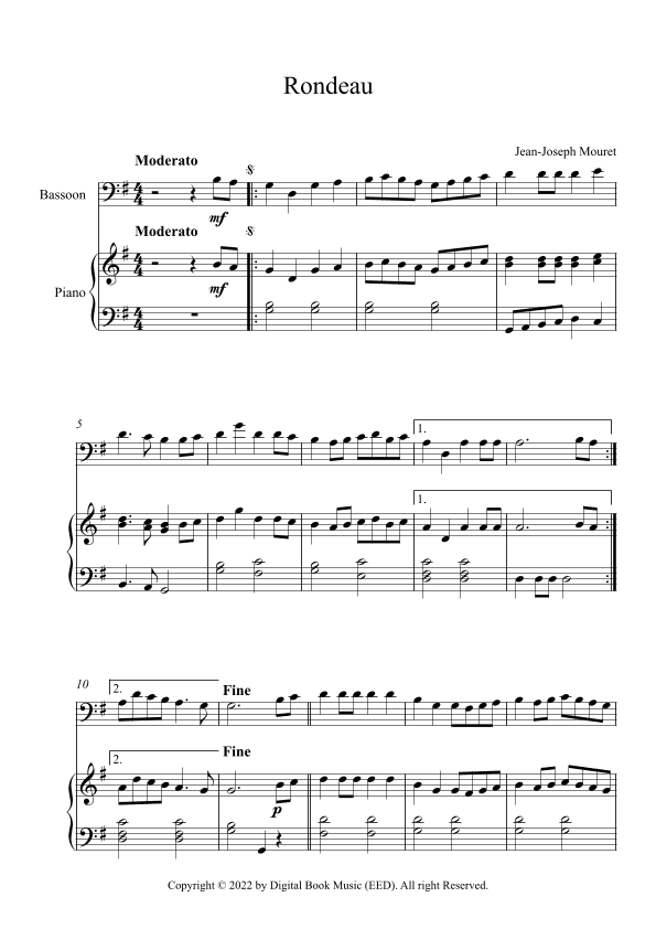 Rondeau - Jean-Joseph Mouret (Bassoon + Piano) (arr. Digital Book Music)